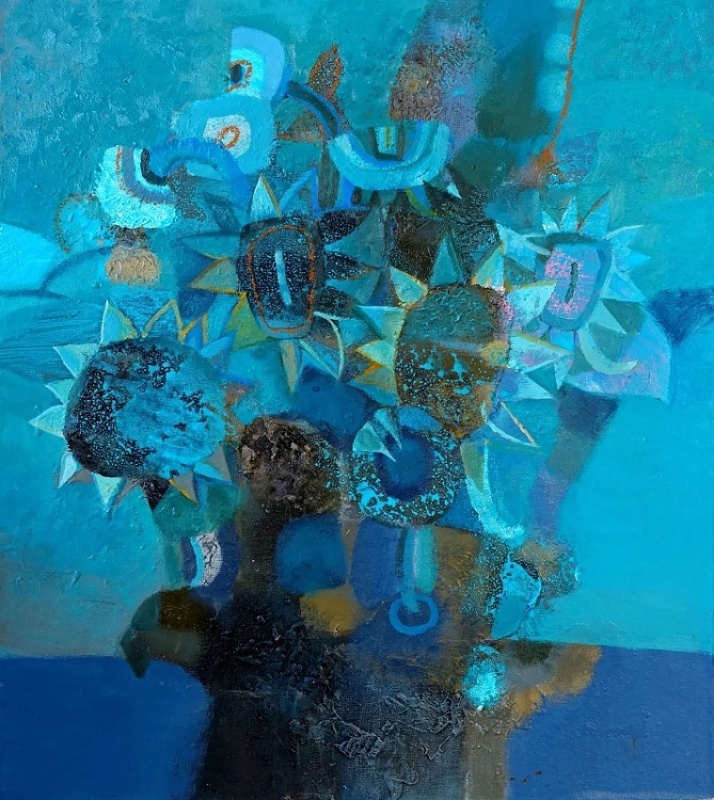 Blue-sunflowers-Natasha-Svetelshchuk-acrylic-oil-cardboard-50x55-2023